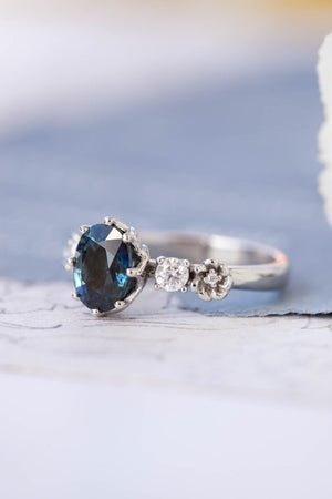 Natural teal sapphire engagement ring, white gold engagement ring with diamonds / Fiorella - Eden Garden Jewelry™