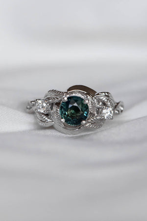 Genuine teal sapphire leaf engagement ring, white gold proposal ring with diamonds / Azalea - Eden Garden Jewelry™