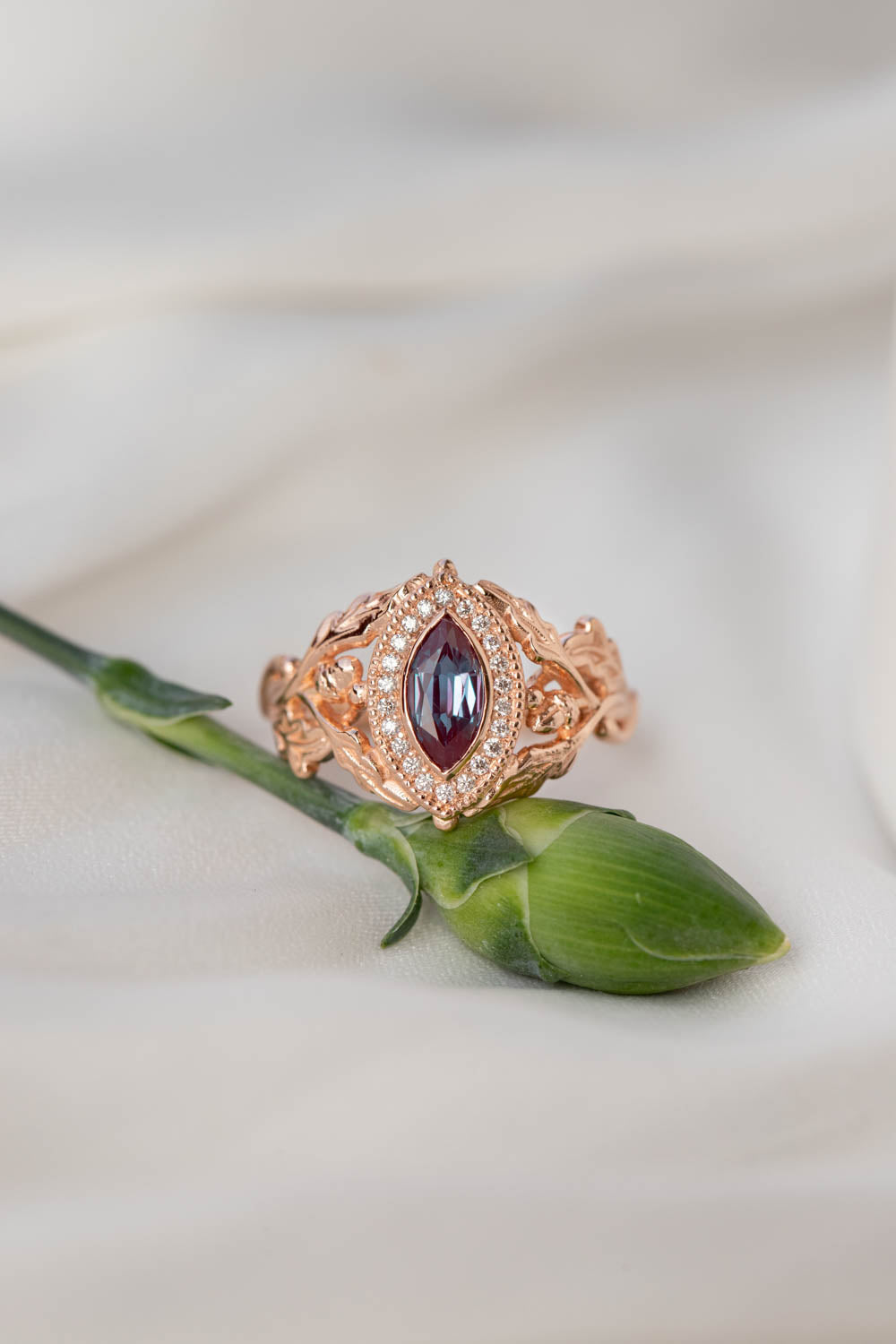 Diamond halo and marquise alexandrite engagement ring, rose gold oak leaf engagement ring / Dair - Eden Garden Jewelry™