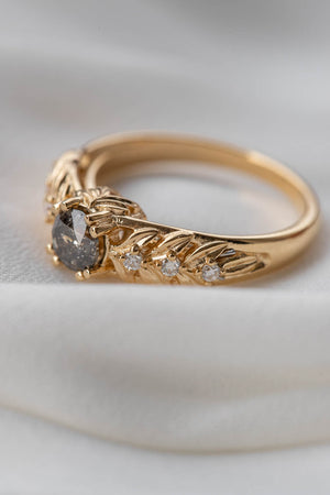 Salt and pepper diamond engagement ring, gold leaf engagement ring with diamonds / Silvestra - Eden Garden Jewelry™