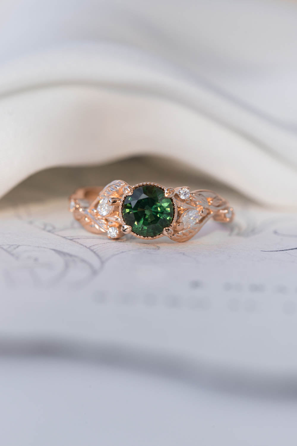 Natural green sapphire engagement ring, rose gold proposal ring with leaves and diamonds / Patricia - Eden Garden Jewelry™