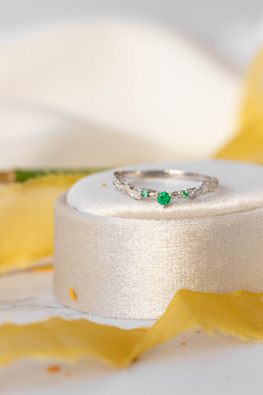 Branch wedding ring with emeralds / matching band for Japanese Maple - Eden Garden Jewelry™