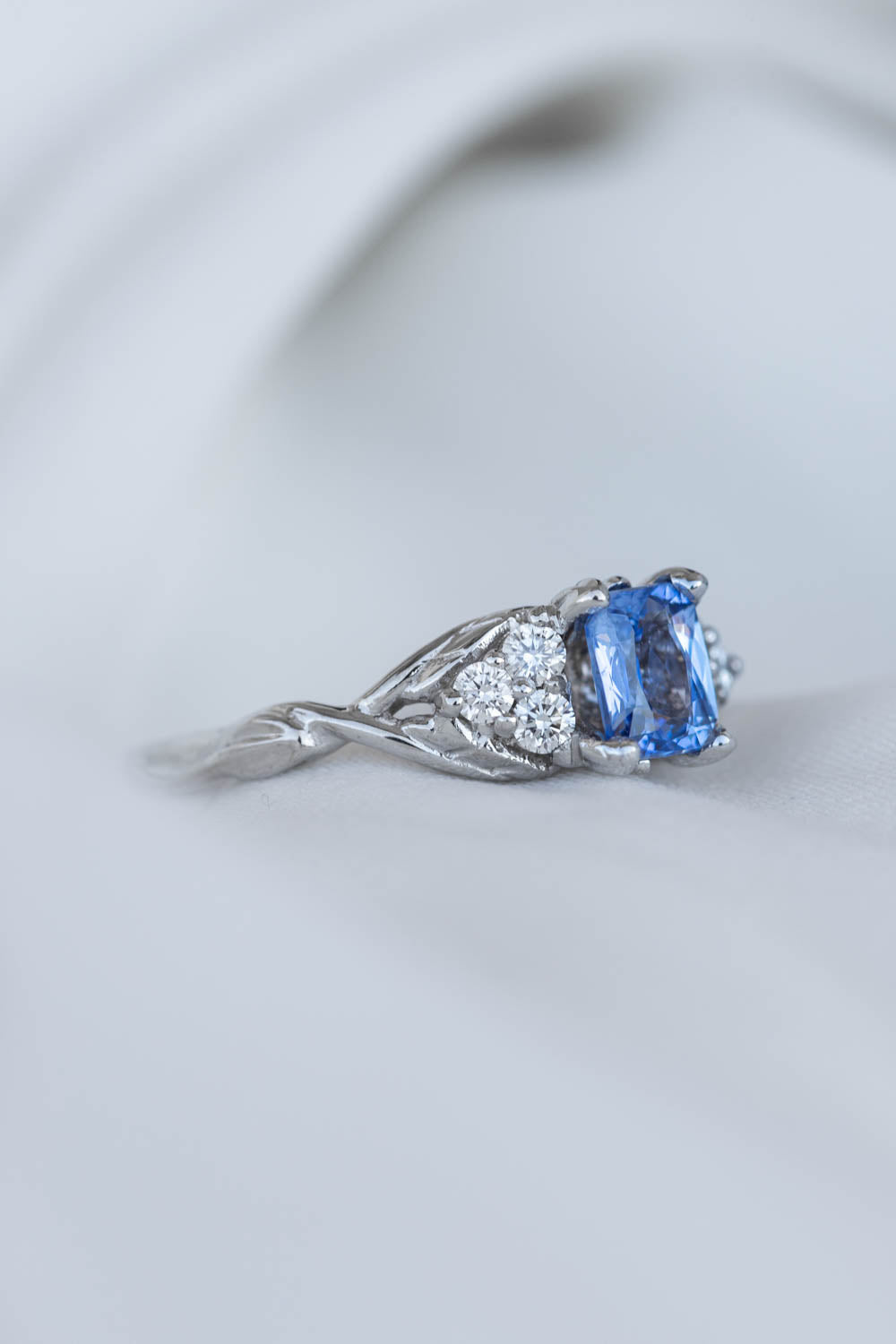 Natural light blue sapphire engagement ring, emerald cut gemstone ring with accent diamonds / Gloria - Eden Garden Jewelry™