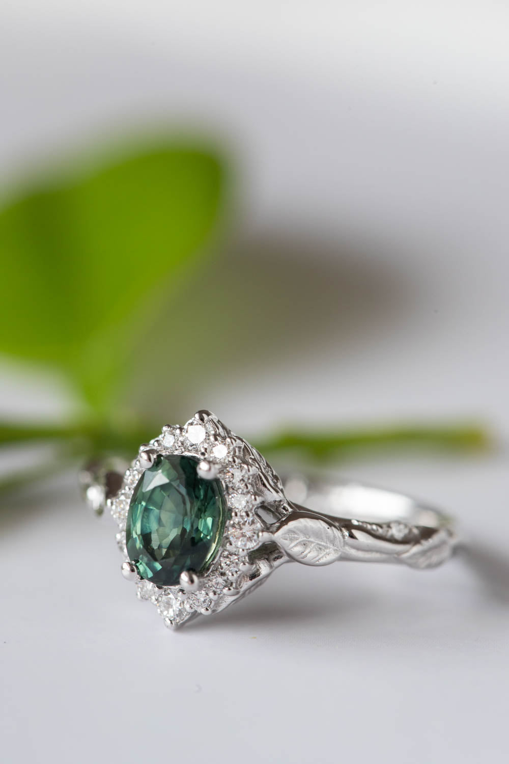 Genuine teal sapphire engagement ring, white gold engagement ring with diamond halo / Florentina - Eden Garden Jewelry™