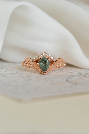 Natural moss agate rose gold engagement ring, crown shape ring with diamonds / Palmira Crown - Eden Garden Jewelry™