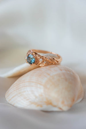 Genuine teal sapphire engagement ring, leaf and diamonds promise ring / Japanese Maple - Eden Garden Jewelry™