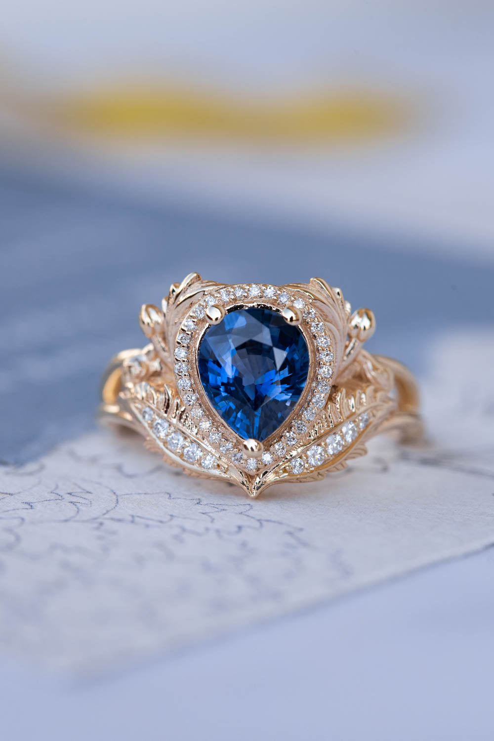 Dark blue sapphire engagement ring, gold ring with diamond halo / Adonis halo - Eden Garden Jewelry™