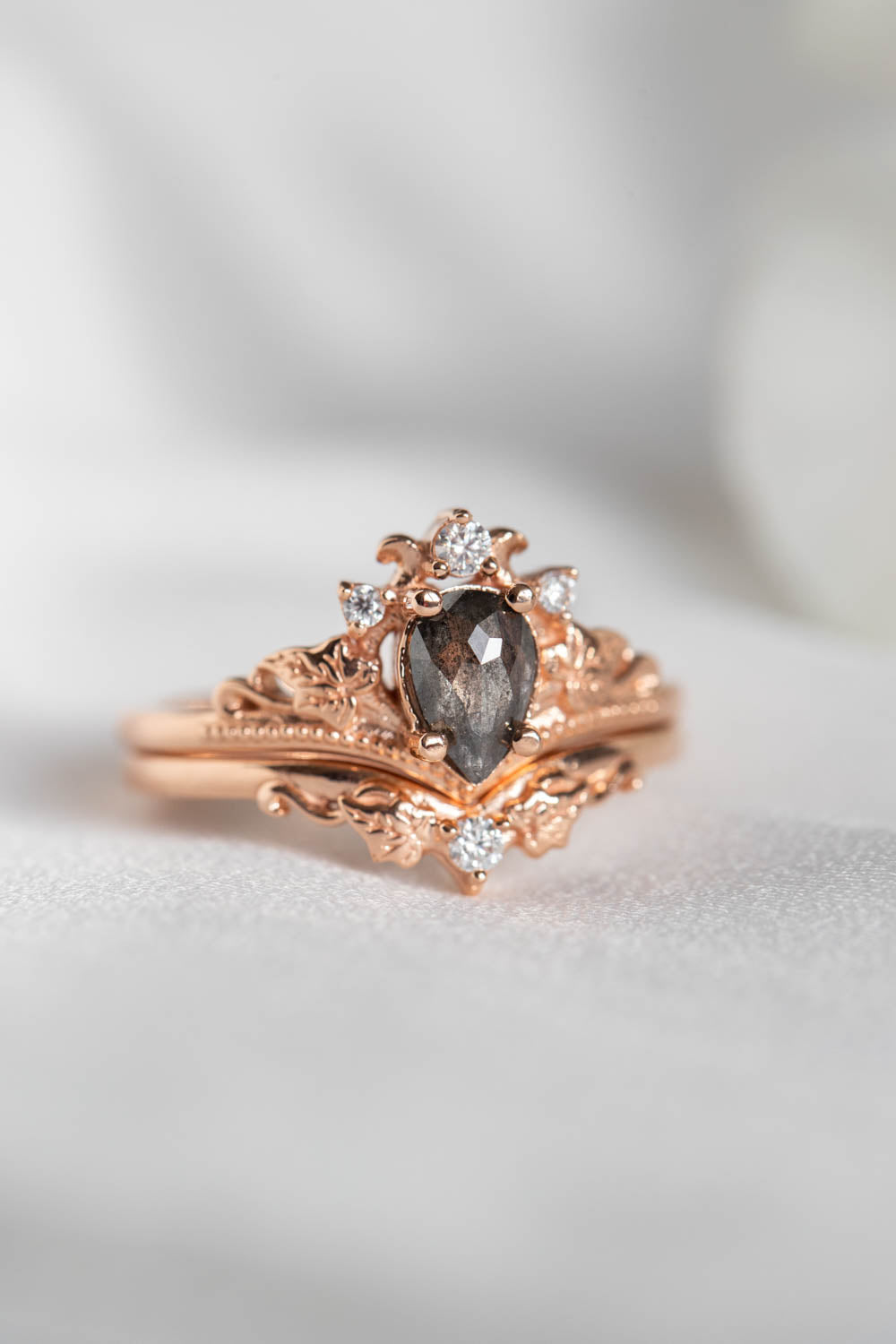 Salt and pepper diamond bridal ring set, nature inspired rose gold engagement and wedding rings / Ariadne - Eden Garden Jewelry™