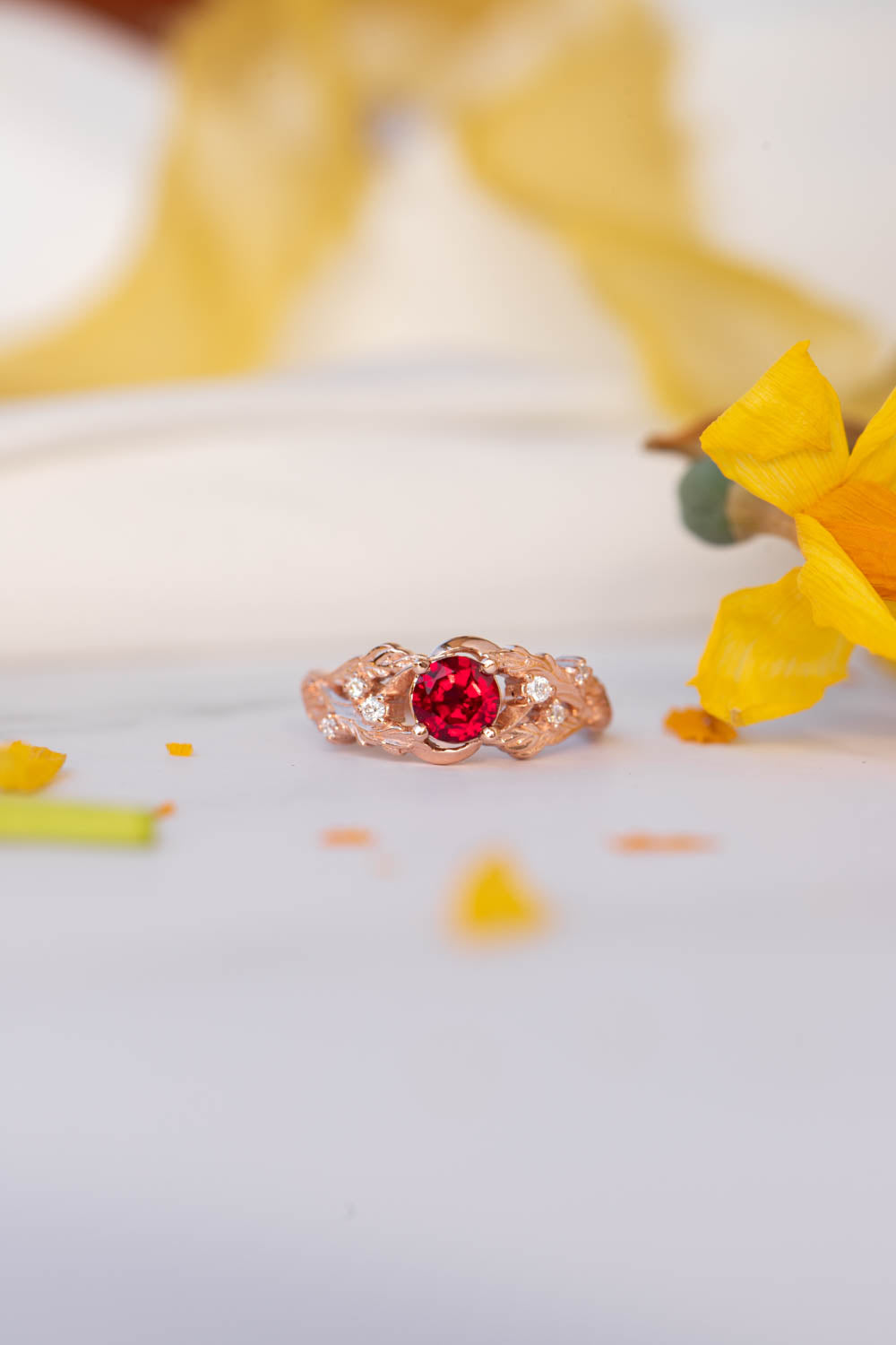 Lab ruby branch engagement ring, rose gold twig proposal ring / Japanese Maple - Eden Garden Jewelry™