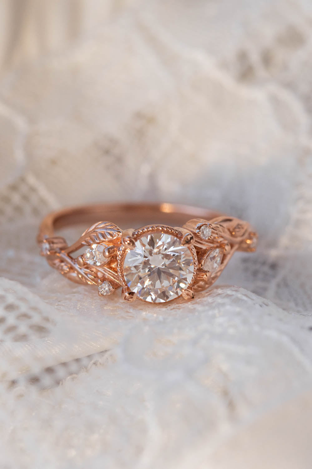 1 carat moissanite engagement ring, rose gold ring with leaves and diamonds / Patricia - Eden Garden Jewelry™