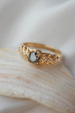 Salt and pepper diamond engagement ring, gold leaf engagement ring with diamonds / Silvestra - Eden Garden Jewelry™