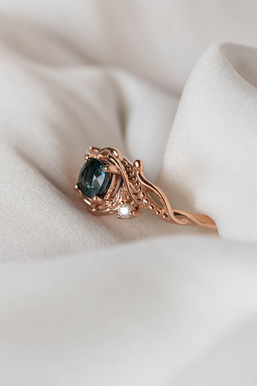 Teal sapphire cushion cut engagement ring, rose gold ring with diamonds / Undina - Eden Garden Jewelry™