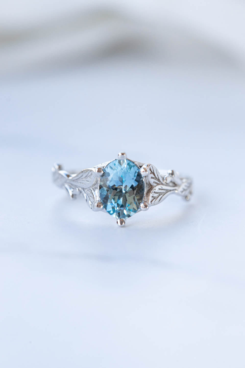 Aquamarine gold engagement ring, white gold leaves promise ring / Freesia - Eden Garden Jewelry™