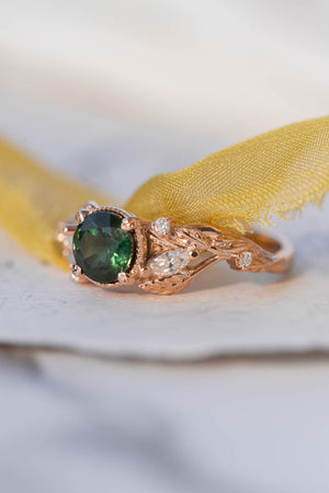 Natural green sapphire engagement ring, rose gold proposal ring with leaves and diamonds / Patricia - Eden Garden Jewelry™