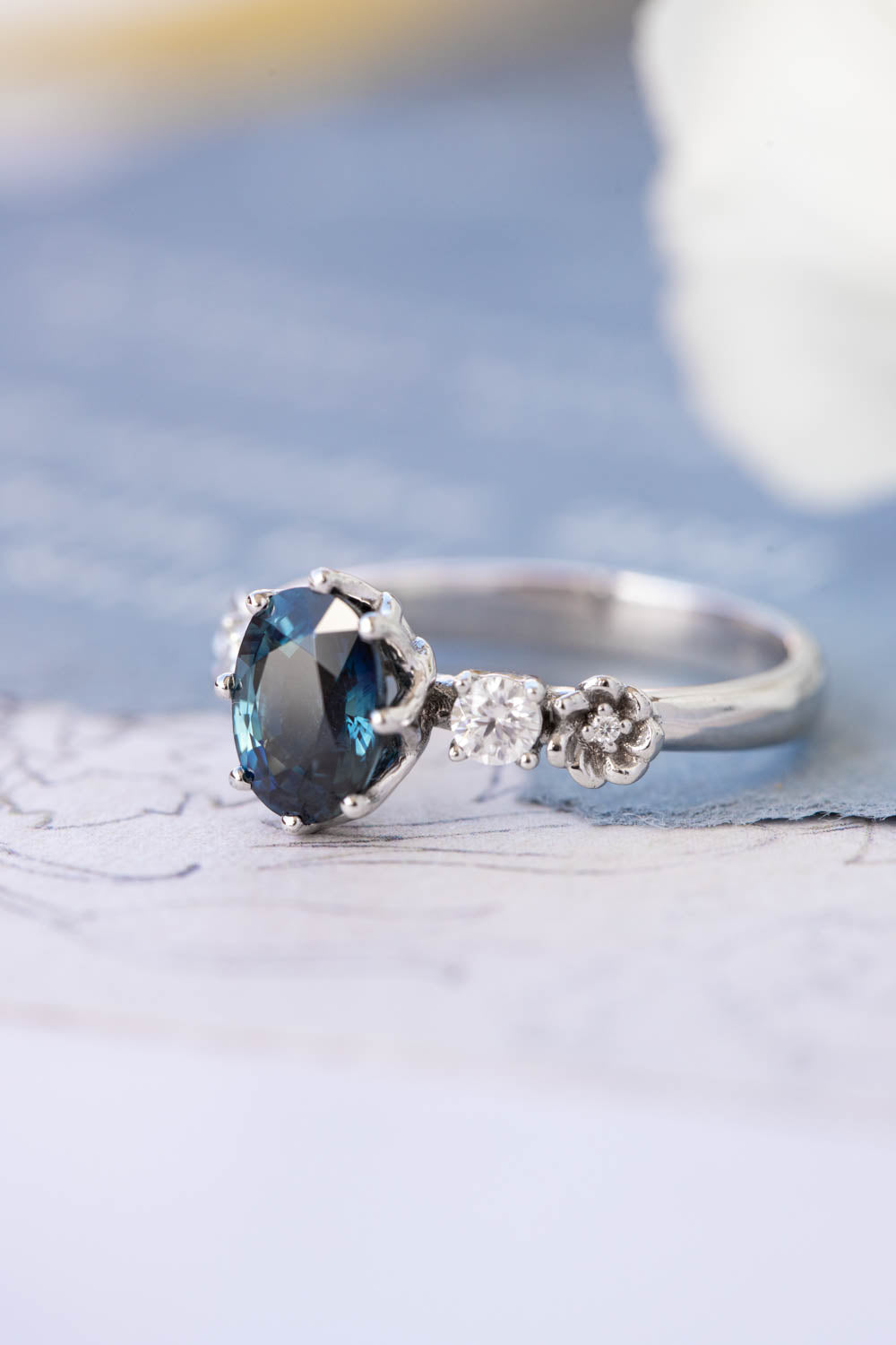 Natural teal sapphire engagement ring, white gold engagement ring with diamonds / Fiorella - Eden Garden Jewelry™