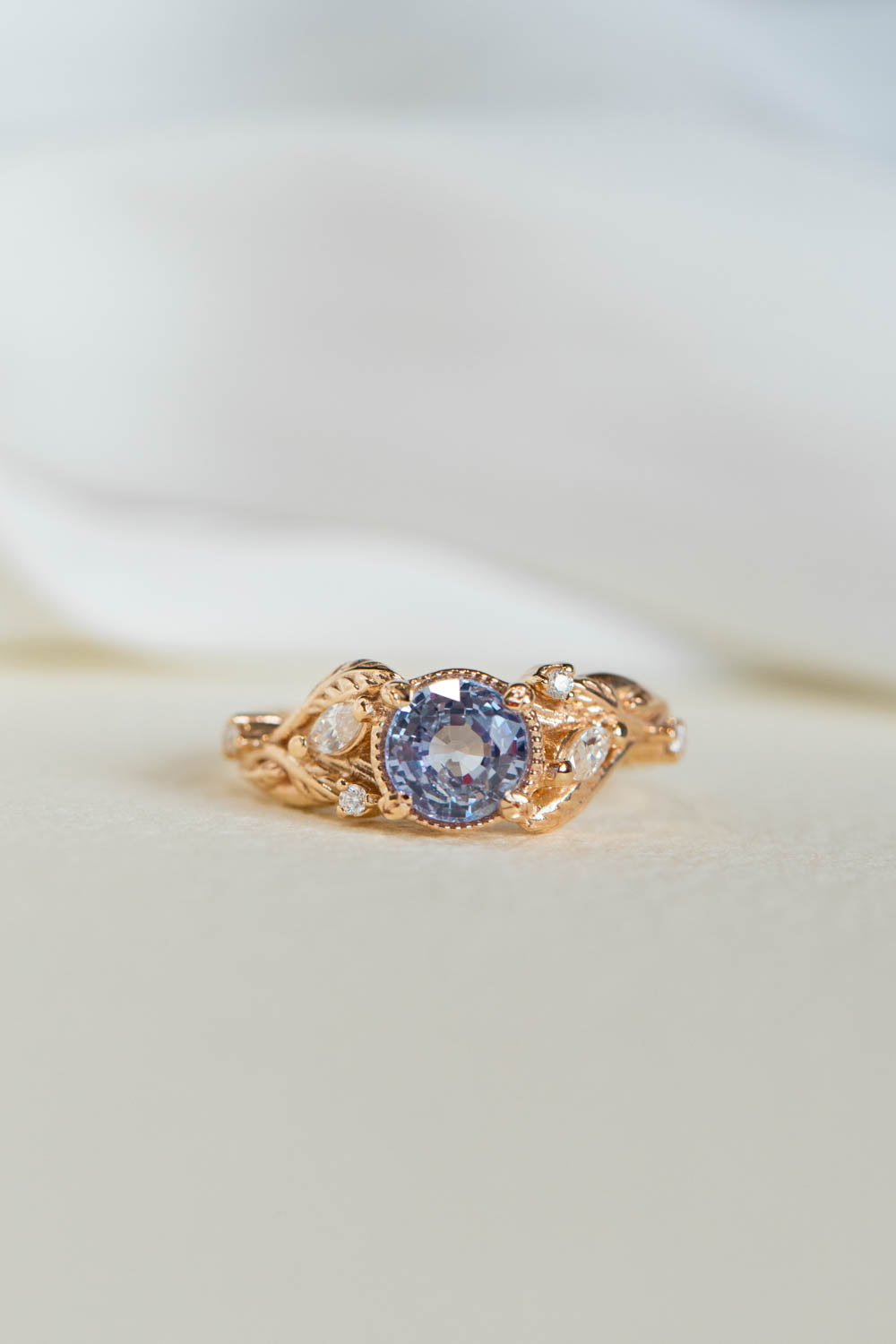 Natural lavender sapphire engagement ring, gold leaves ring with diamonds / Patricia - Eden Garden Jewelry™