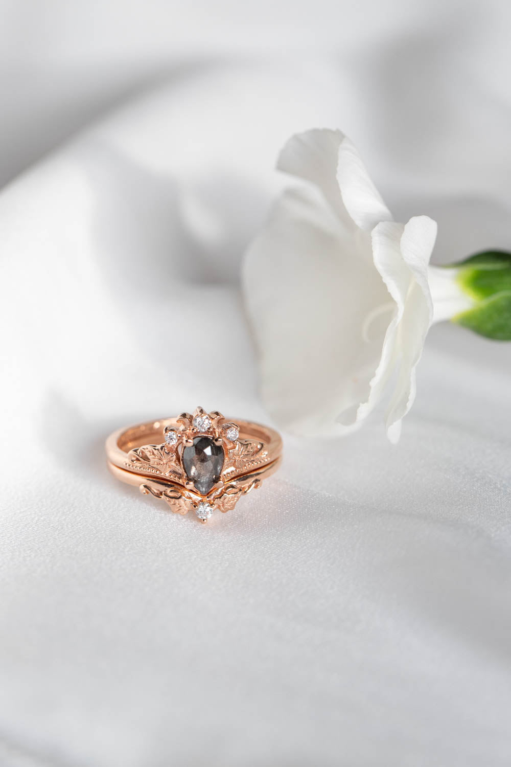 Salt and pepper diamond bridal ring set, nature inspired rose gold engagement and wedding rings / Ariadne - Eden Garden Jewelry™