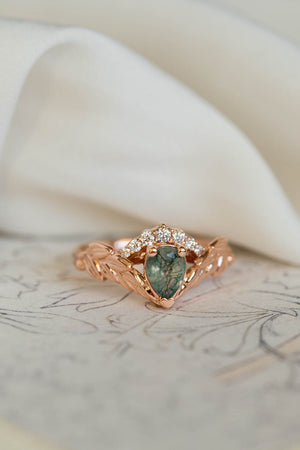 Natural moss agate rose gold engagement ring, crown shape ring with diamonds / Palmira Crown - Eden Garden Jewelry™