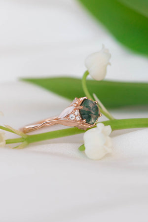 Moss agate engagement ring, gold leaves proposal ring with diamonds / Roma - Eden Garden Jewelry™