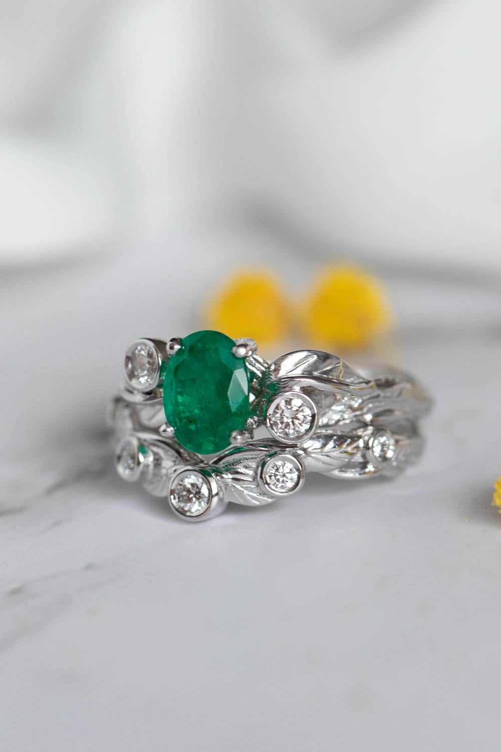 Emerald engagement ring with diamonds, white gold branch engagement ring / Arius - Eden Garden Jewelry™