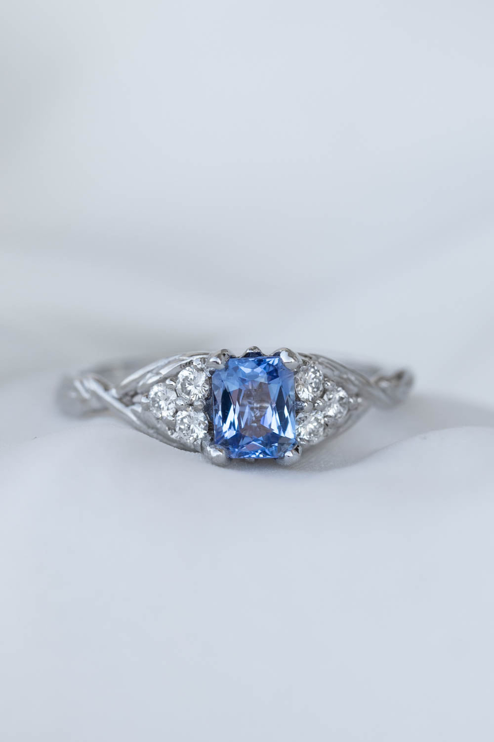 Natural light blue sapphire engagement ring, emerald cut gemstone ring with accent diamonds / Gloria - Eden Garden Jewelry™