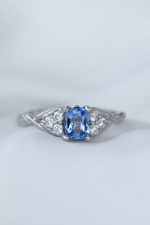 Natural light blue sapphire engagement ring, emerald cut gemstone ring with accent diamonds / Gloria - Eden Garden Jewelry™