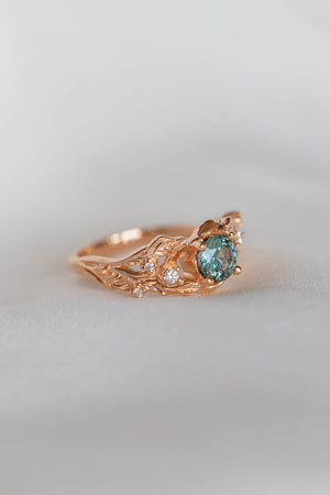 Genuine teal sapphire engagement ring, leaf and diamonds promise ring / Japanese Maple - Eden Garden Jewelry™