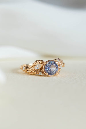 Natural lavender sapphire engagement ring, gold leaves ring with diamonds / Patricia - Eden Garden Jewelry™