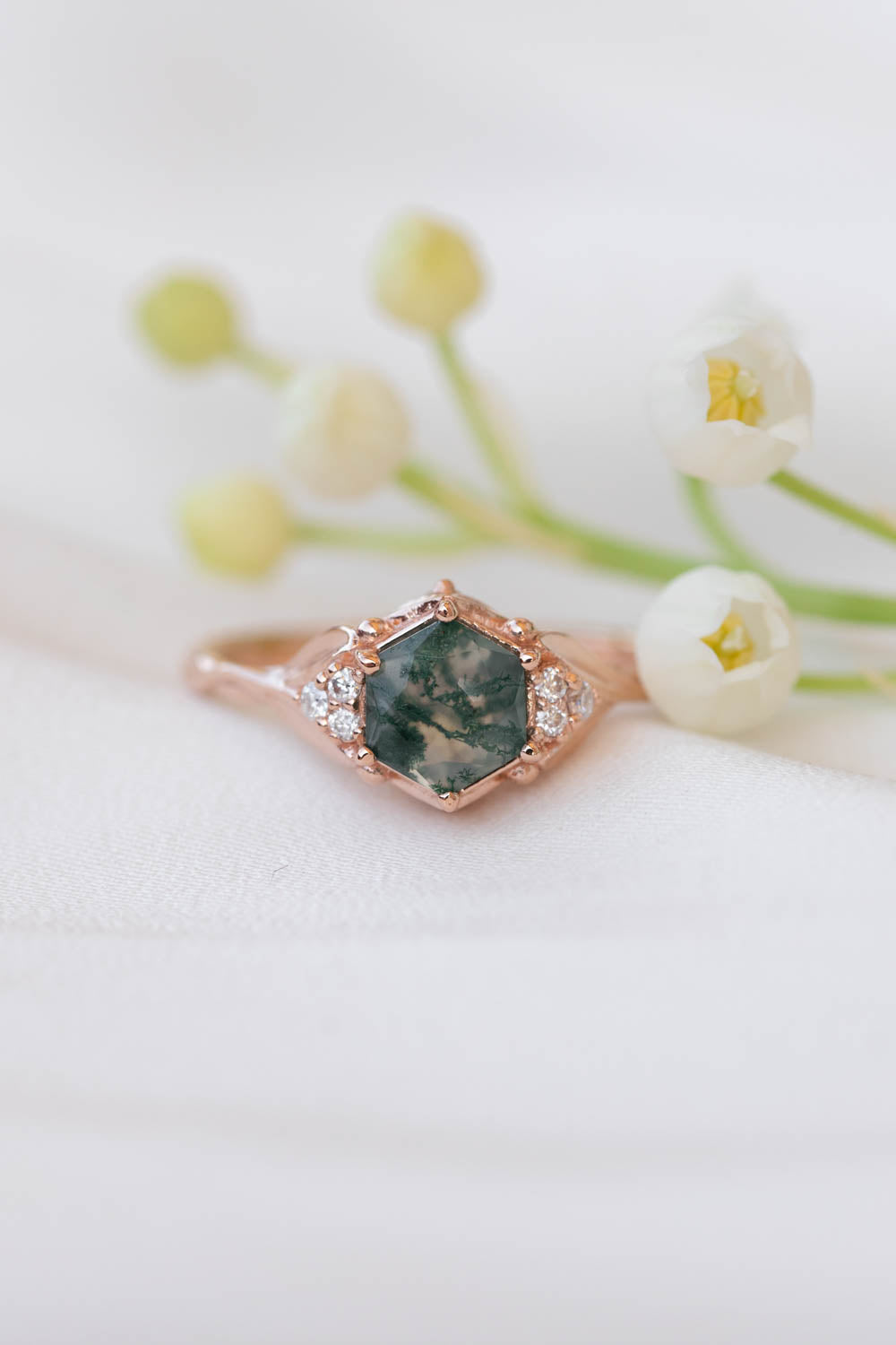 Moss agate engagement ring, gold leaves proposal ring with diamonds / Roma - Eden Garden Jewelry™