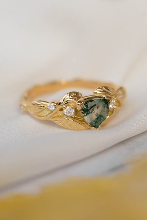 Trillion moss agate engagement ring, gold leaves and diamonds ring / Clematis - Eden Garden Jewelry™