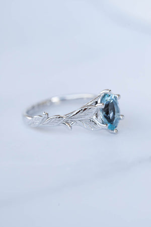 Aquamarine gold engagement ring, white gold leaves promise ring / Freesia - Eden Garden Jewelry™