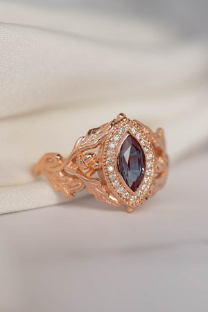 Diamond halo and marquise alexandrite engagement ring, rose gold oak leaf engagement ring / Dair - Eden Garden Jewelry™