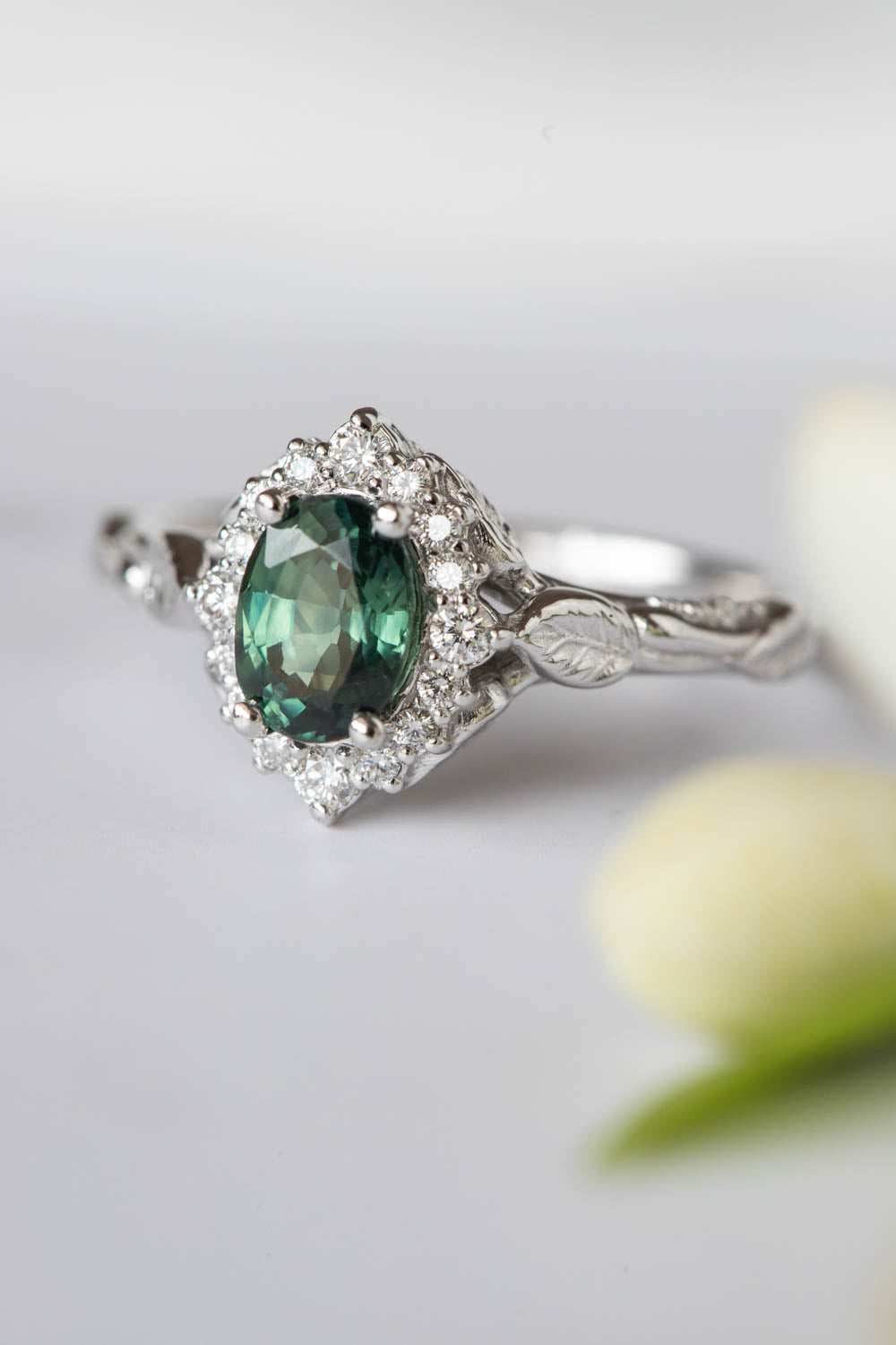 Genuine teal sapphire engagement ring, white gold engagement ring with diamond halo / Florentina - Eden Garden Jewelry™