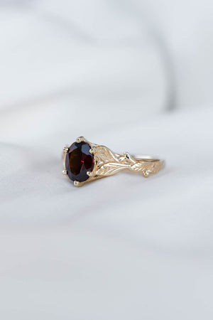 Oval garnet gold engagement ring, white gold leaves proposal ring / Freesia - Eden Garden Jewelry™