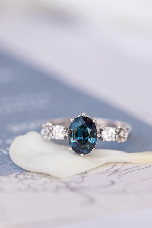 Natural teal sapphire engagement ring, white gold engagement ring with diamonds / Fiorella - Eden Garden Jewelry™