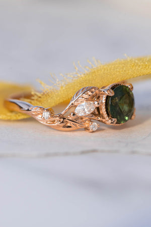 Natural green sapphire engagement ring, rose gold proposal ring with leaves and diamonds / Patricia - Eden Garden Jewelry™