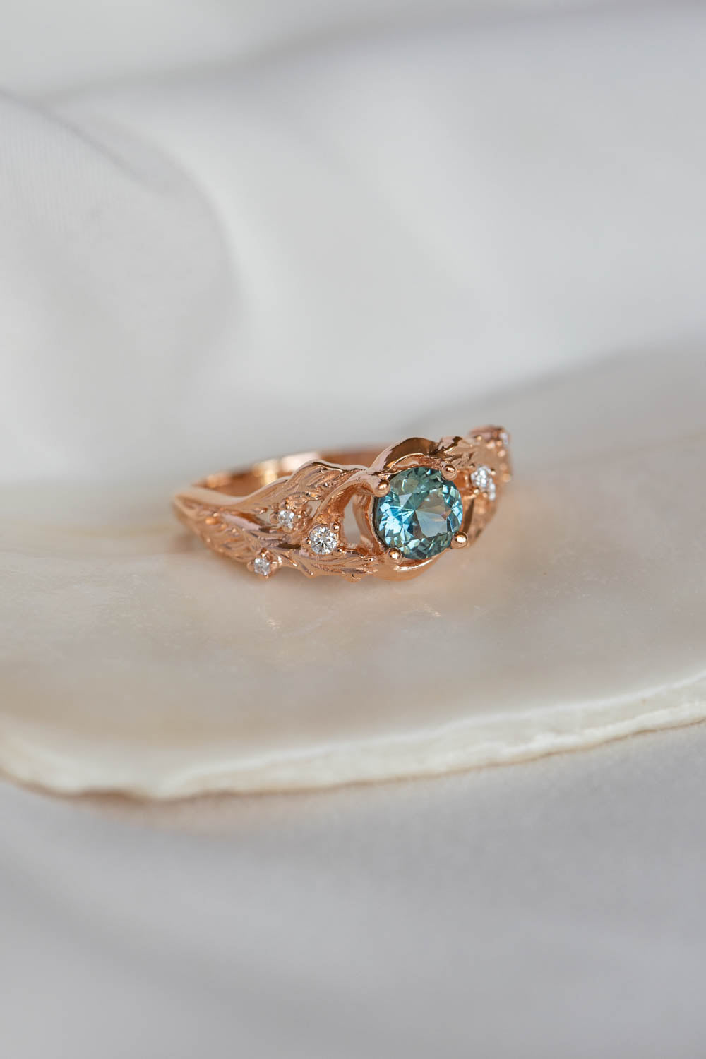 Genuine teal sapphire engagement ring, leaf and diamonds promise ring / Japanese Maple - Eden Garden Jewelry™