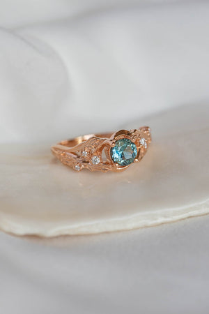 Genuine teal sapphire engagement ring, leaf and diamonds promise ring / Japanese Maple - Eden Garden Jewelry™