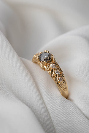 Salt and pepper diamond engagement ring, gold leaf engagement ring with diamonds / Silvestra - Eden Garden Jewelry™