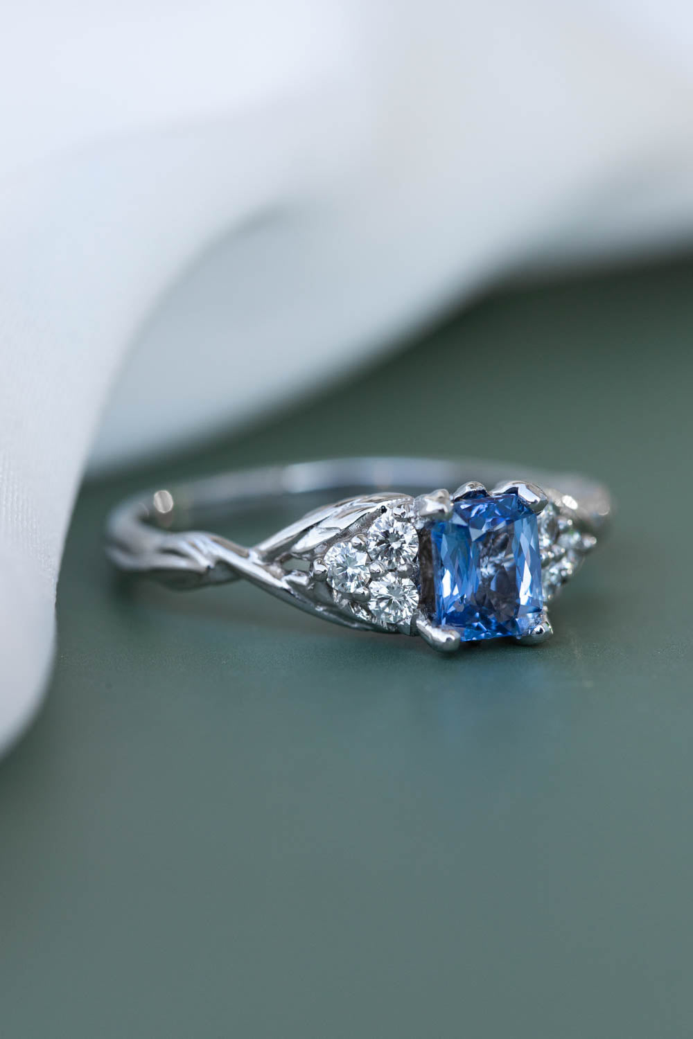 Natural light blue sapphire engagement ring, emerald cut gemstone ring with accent diamonds / Gloria - Eden Garden Jewelry™