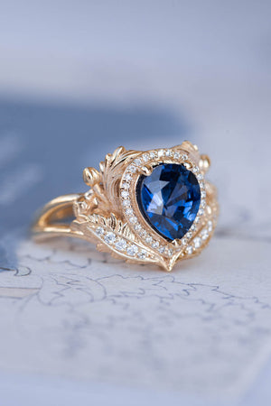 Dark blue sapphire engagement ring, gold ring with diamond halo / Adonis halo - Eden Garden Jewelry™