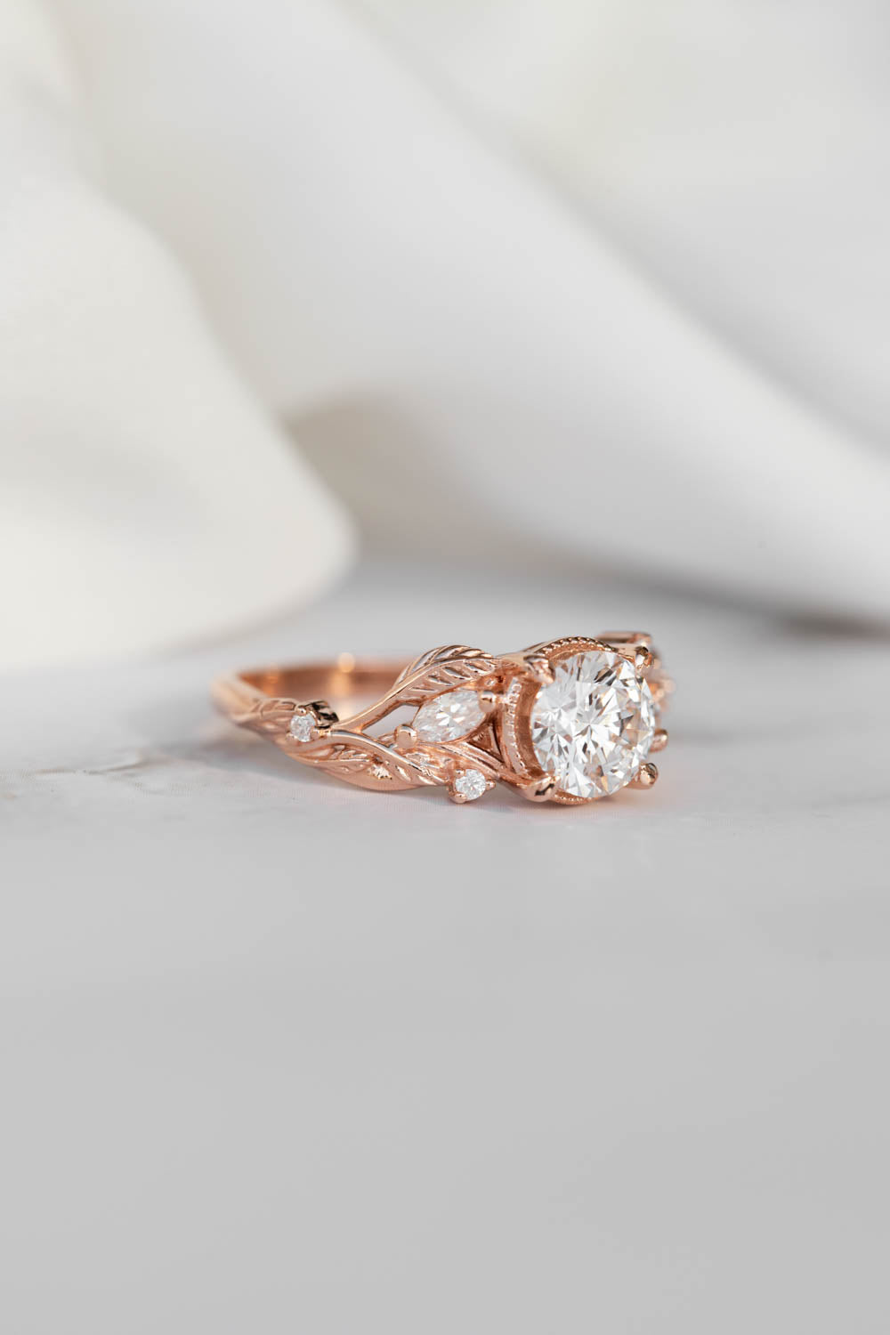 1 carat moissanite engagement ring, rose gold ring with leaves and diamonds / Patricia - Eden Garden Jewelry™