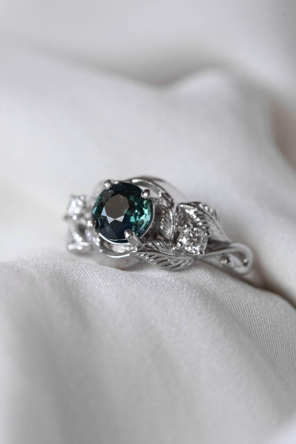 Genuine teal sapphire leaf engagement ring, white gold proposal ring with diamonds / Azalea - Eden Garden Jewelry™