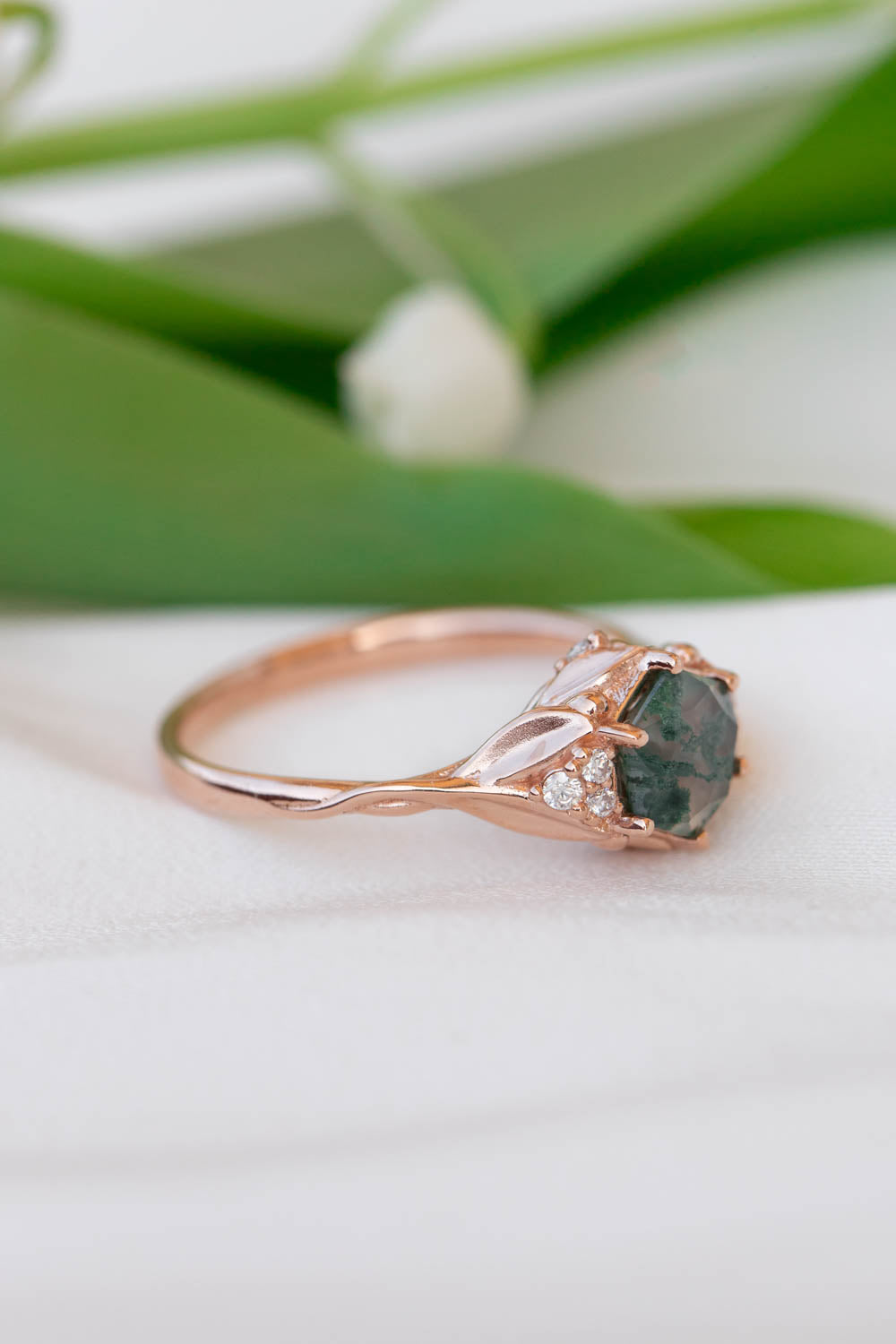 Moss agate engagement ring, gold leaves proposal ring with diamonds / Roma - Eden Garden Jewelry™