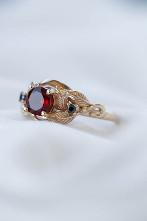 Natural garnet and black moissanites engagement ring, gold leaf proposal ring  / Azalea - Eden Garden Jewelry™