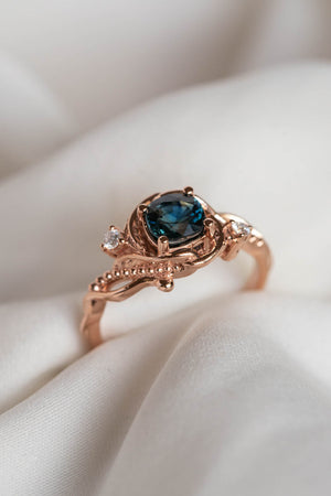 Teal sapphire cushion cut engagement ring, rose gold ring with diamonds / Undina - Eden Garden Jewelry™