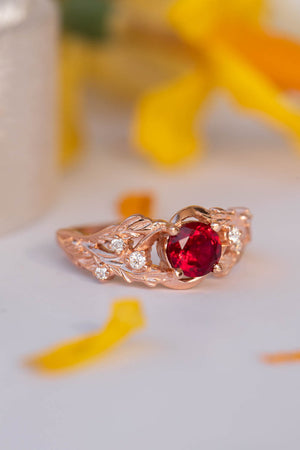 Lab ruby branch engagement ring, rose gold twig proposal ring / Japanese Maple - Eden Garden Jewelry™