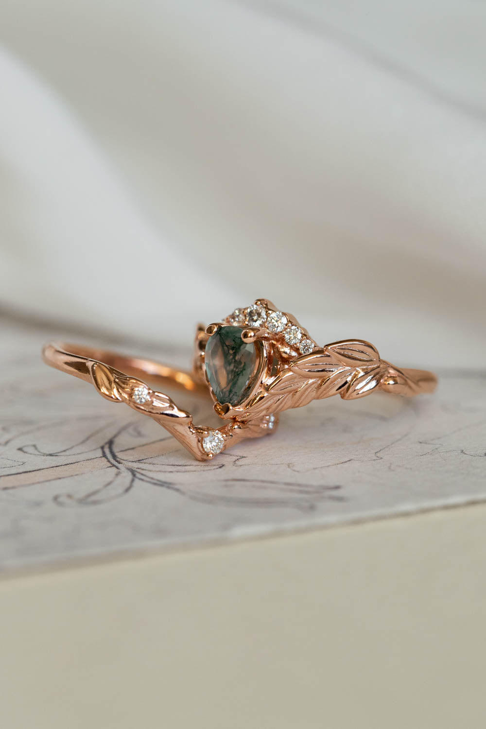 Natural moss agate rose gold engagement ring, crown shape ring with diamonds / Palmira Crown - Eden Garden Jewelry™