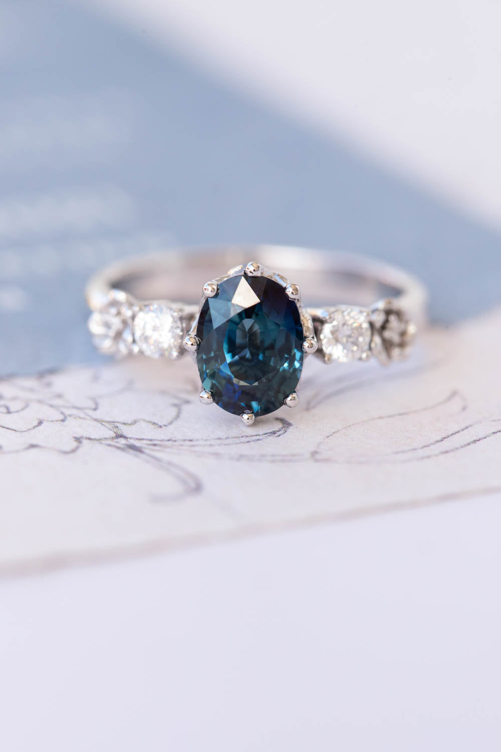 Natural teal sapphire engagement ring, white gold engagement ring with diamonds / Fiorella - Eden Garden Jewelry™