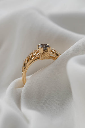 Salt and pepper diamond engagement ring, gold leaf engagement ring with diamonds / Silvestra - Eden Garden Jewelry™